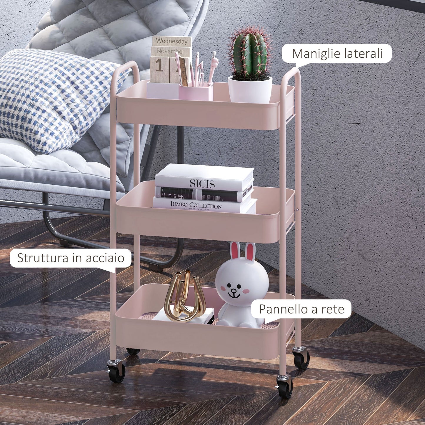 3-Tier Beauty Cart with Handles and 4 Wheels, Steel, 45x30.6x79 cm, Pink