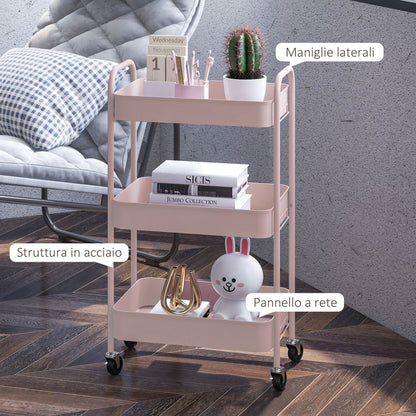3-Tier Beauty Cart with Handles and 4 Wheels, Steel, 45x30.6x79 cm, Pink