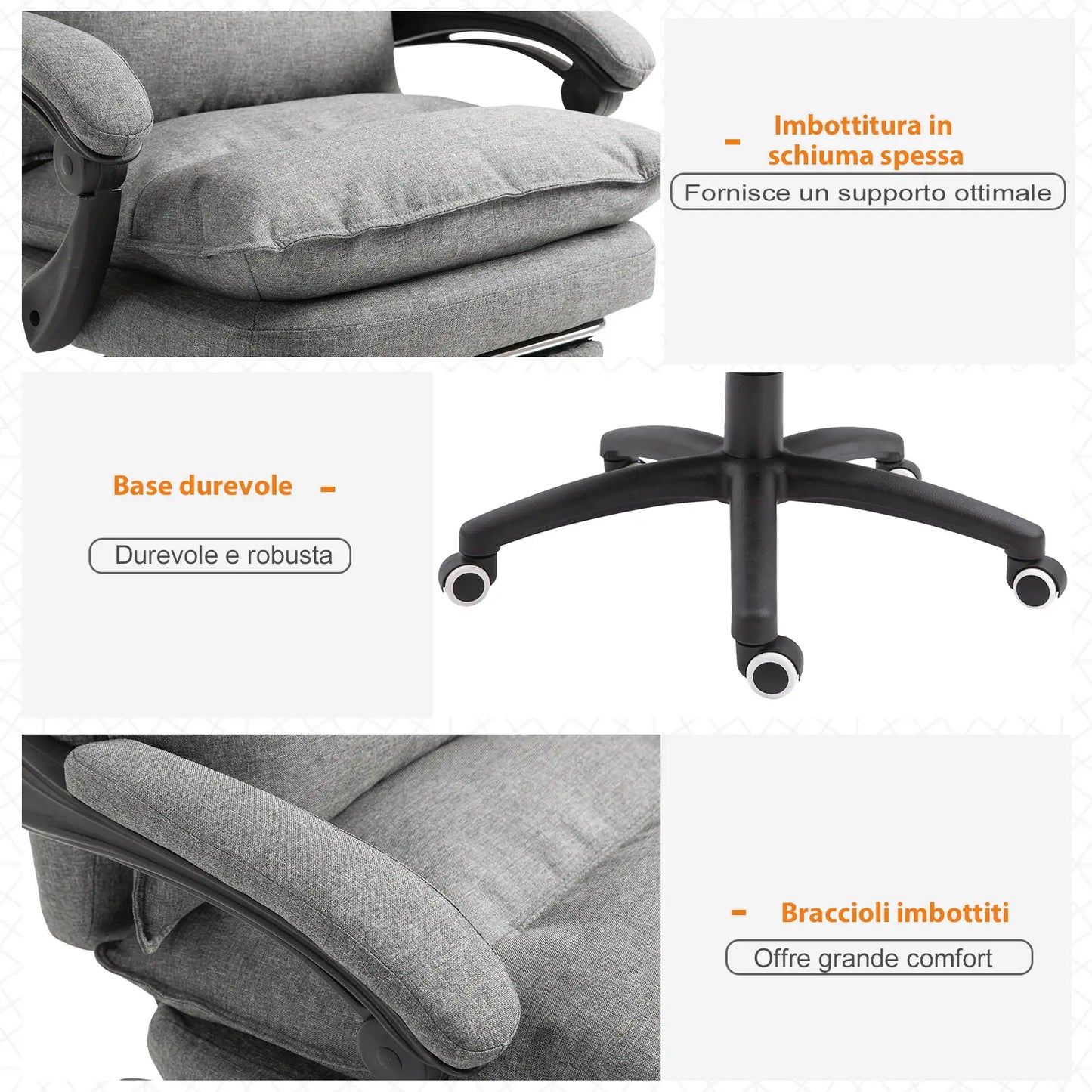 Padded Office Chair with 6 Massage Points, Adjustable Height and Wheels, 70x62x120-130 cm, Grey