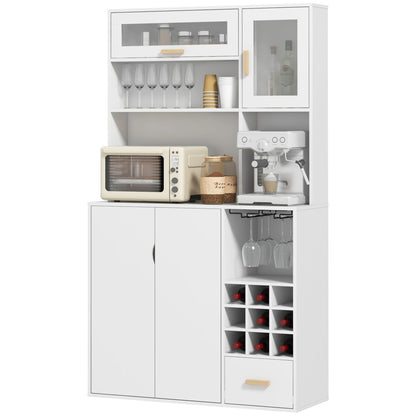 Mobile Pantry with Bottle Holder, Cabinets, Shelves and Drawer, in Chipboard and Wood, 100x38x172 cm, White