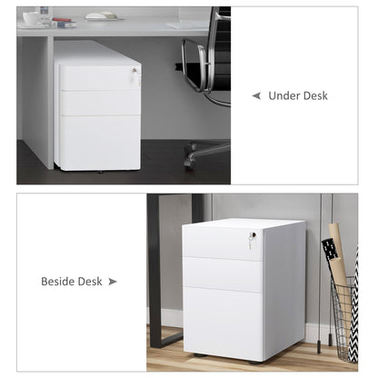 Office Chest 3 Steel Drawers with Lock and Wheels, 39x48x59cm, White