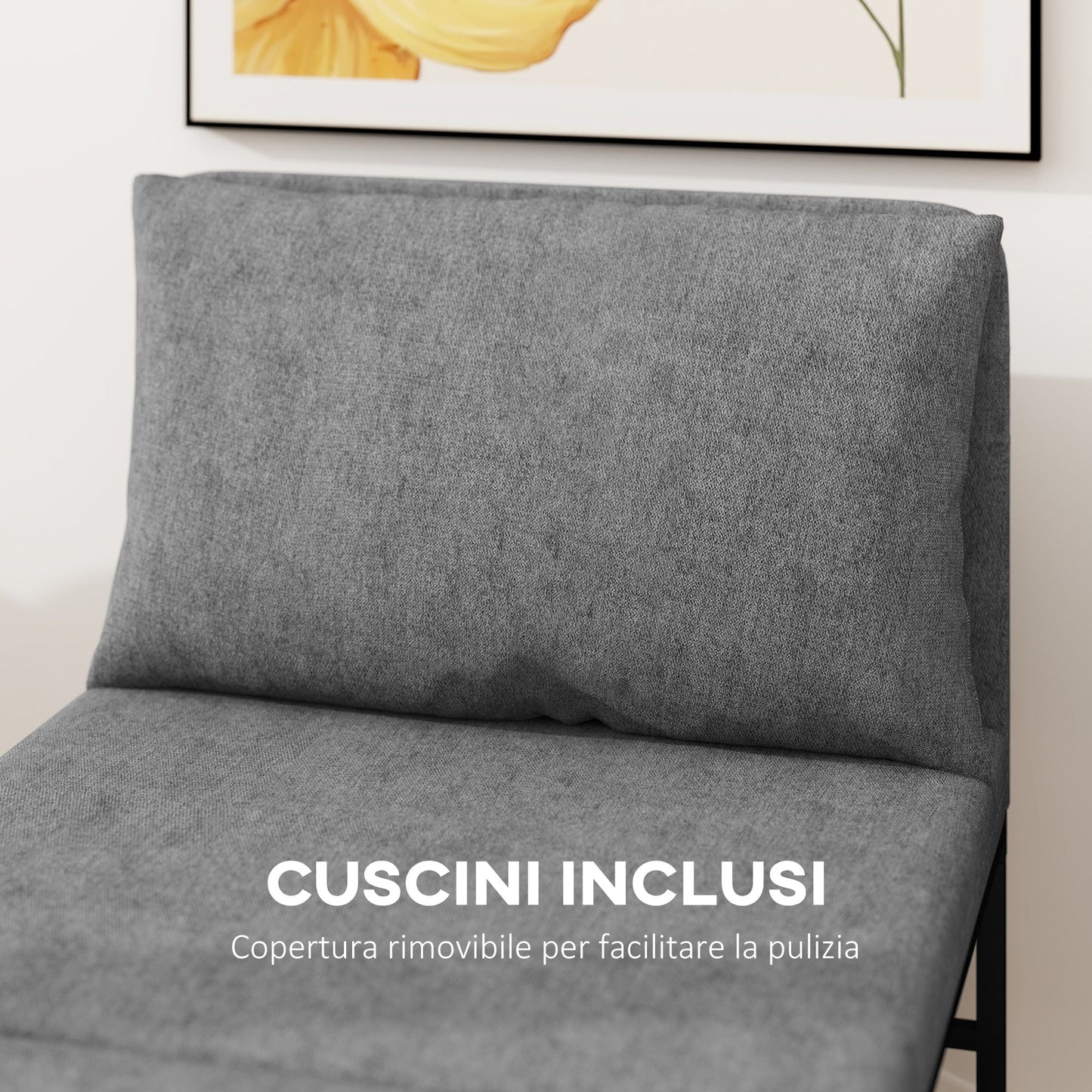 Armchair Bed with Cushion and Protective Cover, in Linen Effect Fabric and Metal, 66x70x74 cm, Grey