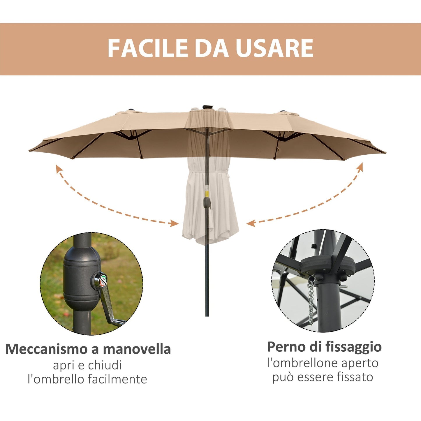 Double Garden Umbrella |  4.5m with 48 LED lights and Crank