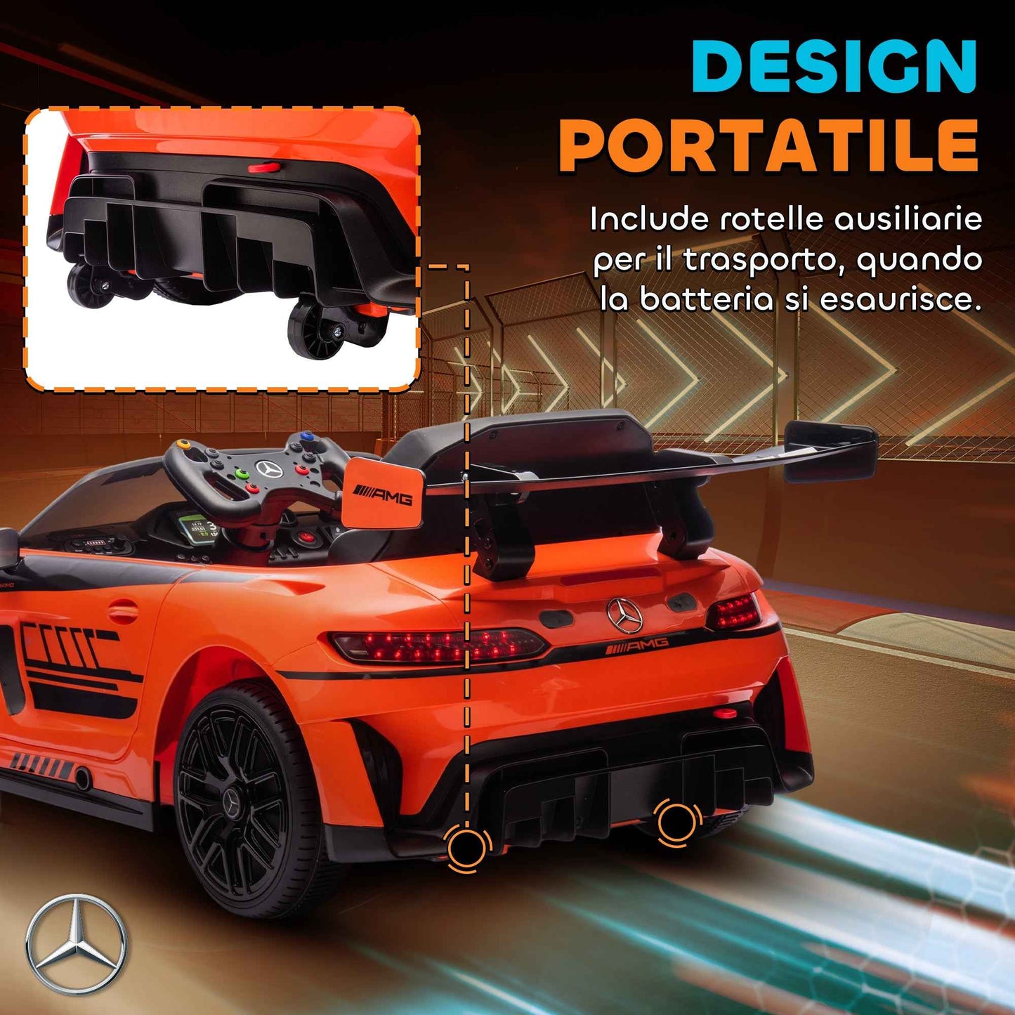 Electric Car for Children 3-8 Years Mercedes-AMG 12V with Remote Control, LED Lights, Transport Wheels, Orange