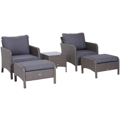 Garden Furniture Set 2 Armchairs 2 Footstools 1 Coffee Table in Tempered Glass Rattan Grey