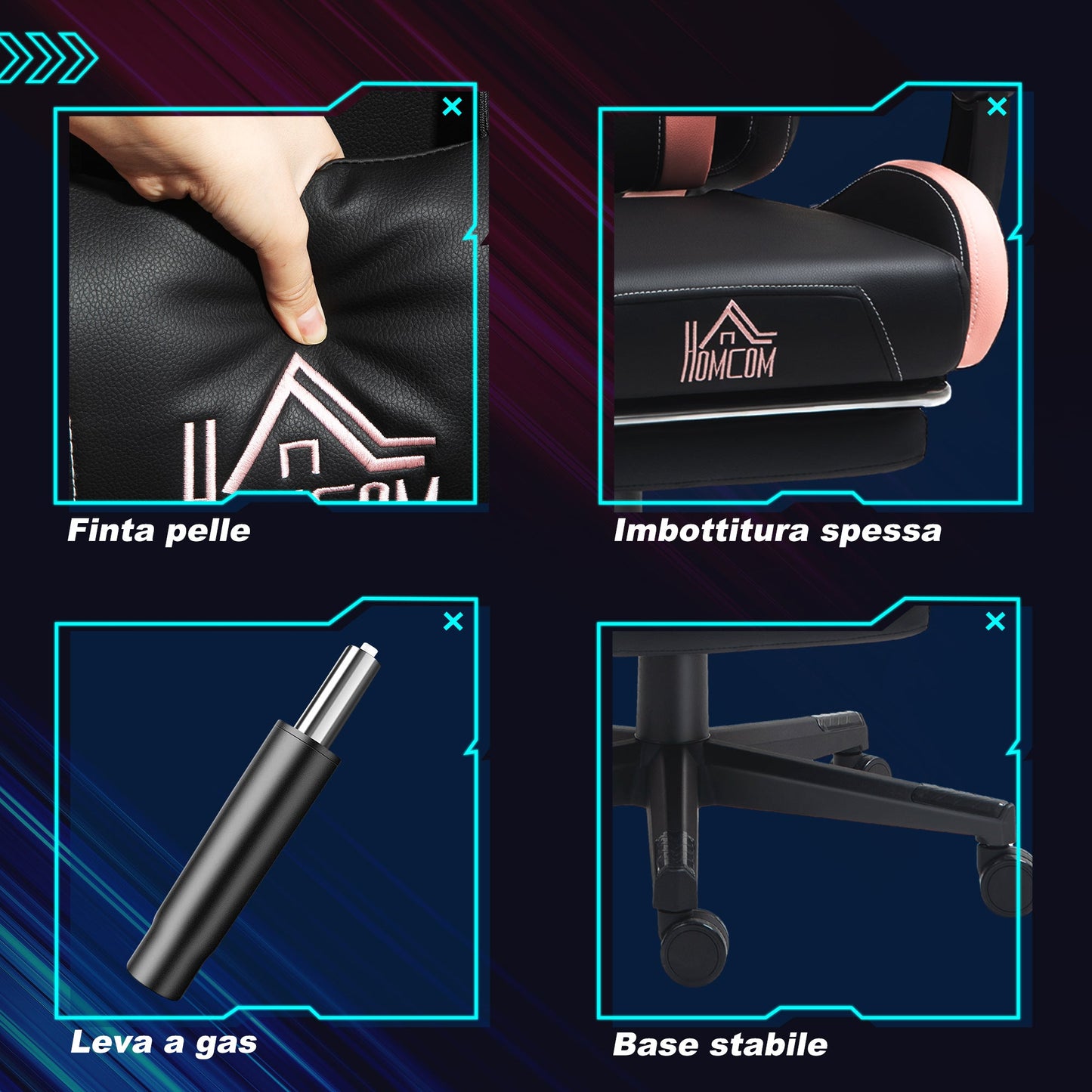 Reclining Gaming Chair with Footrest and Cushions, Faux Leather and Sponge, 65x62x116-124 cm, Pink and Black