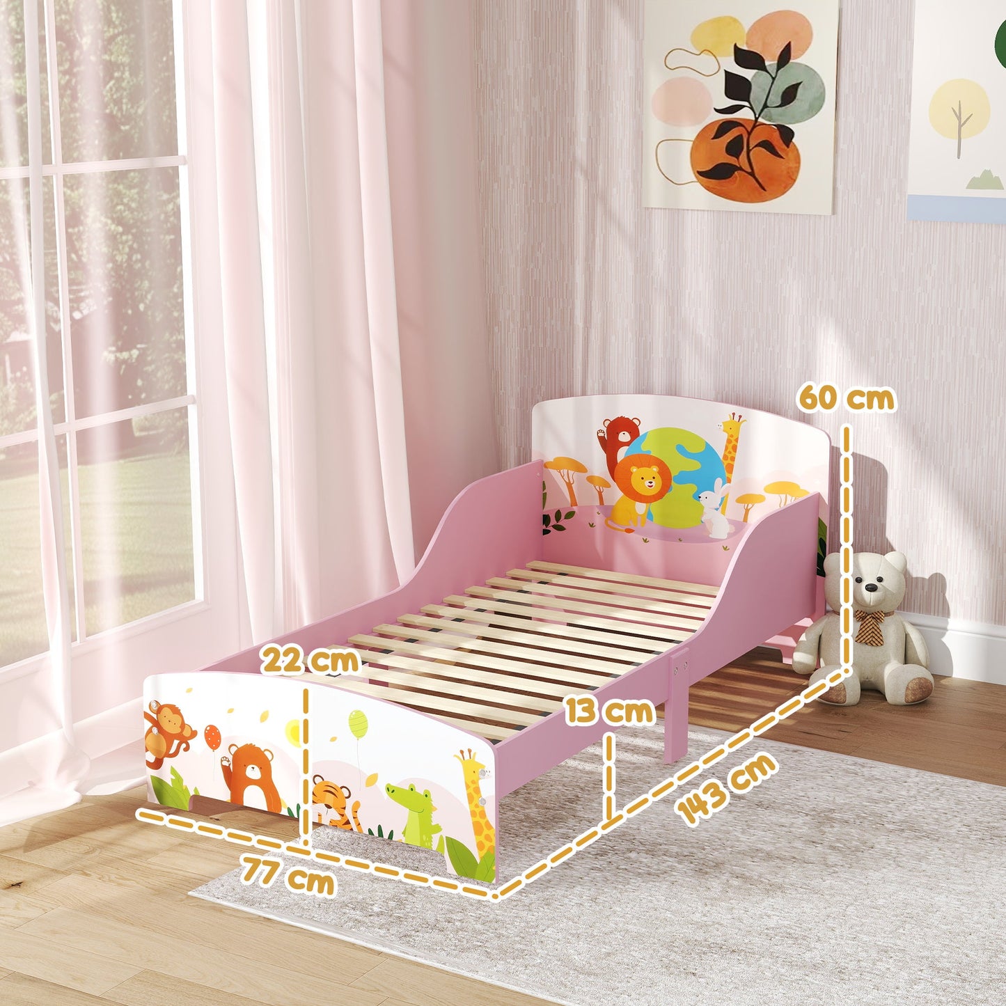 Wooden Cot for Children 3+ Years with Raised Edges and Safety Rails, 143x77x60 cm, Pink