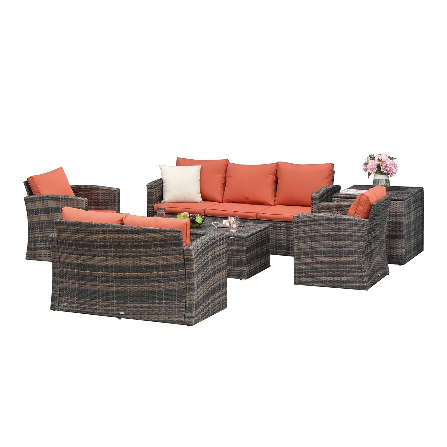 MANDOLINA | Brown 6 pcs Outdoor Rattan Furniture Set with orange cushions