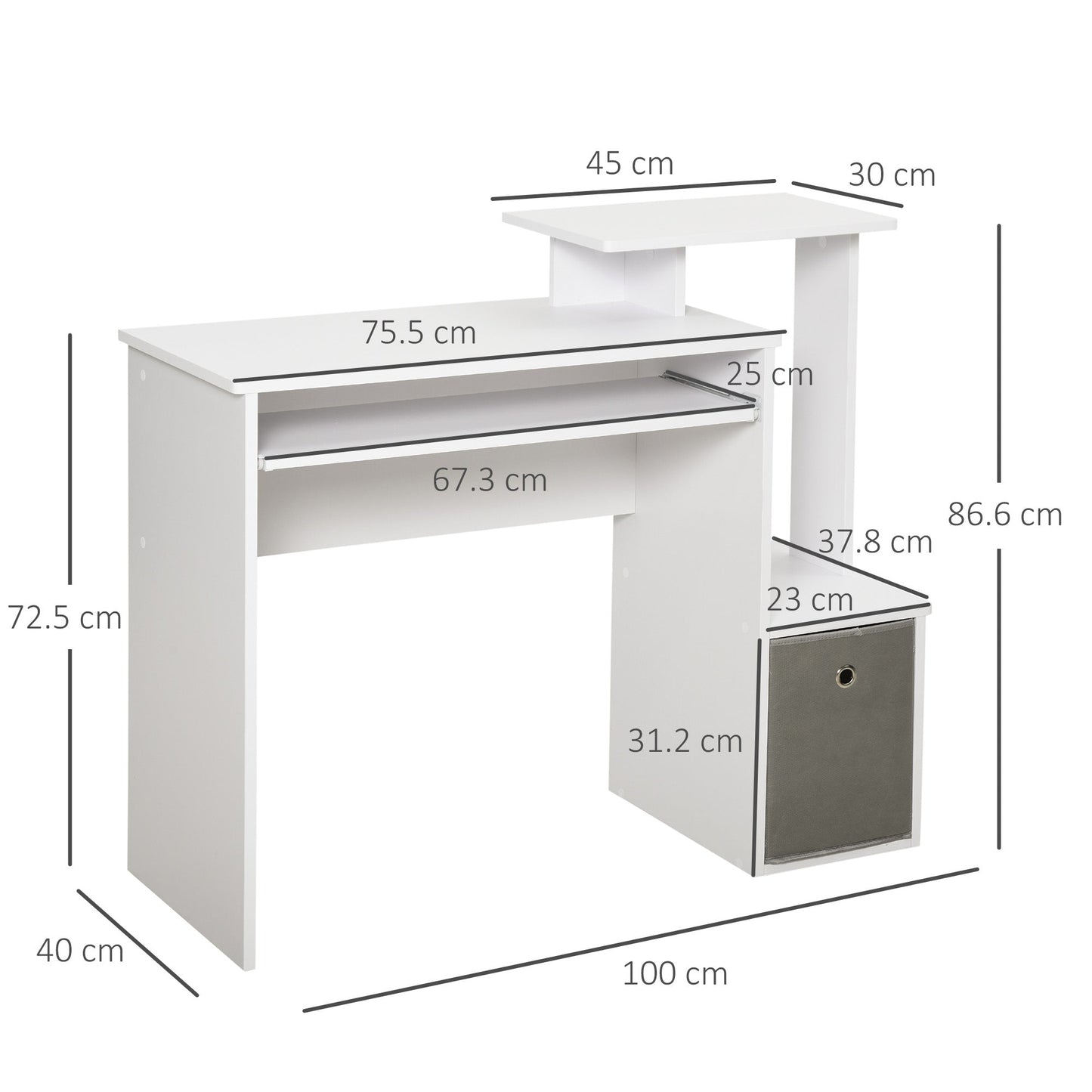 Modern PC Desk with Keyboard Shelf, Fabric Shelf and Drawer, Wooden, 100x40x86.6cm, White