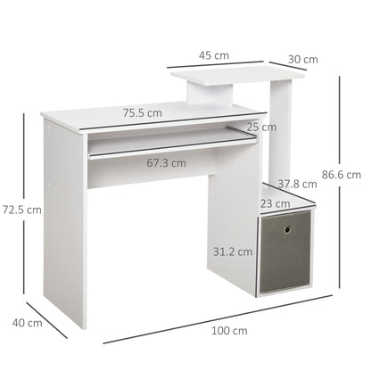 Modern PC Desk with Keyboard Shelf, Fabric Shelf and Drawer, Wooden, 100x40x86.6cm, White