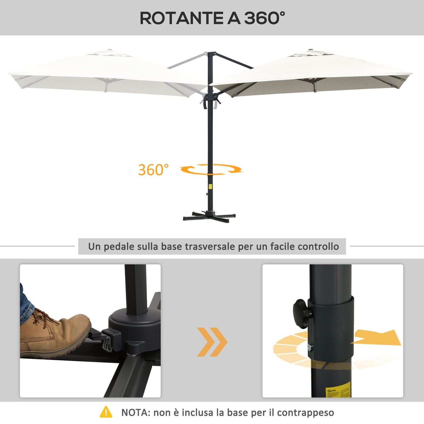 3x3m Cantilever Umbrella Tiltable with Crank and Cross Base, in Steel and Polyester, Cream White