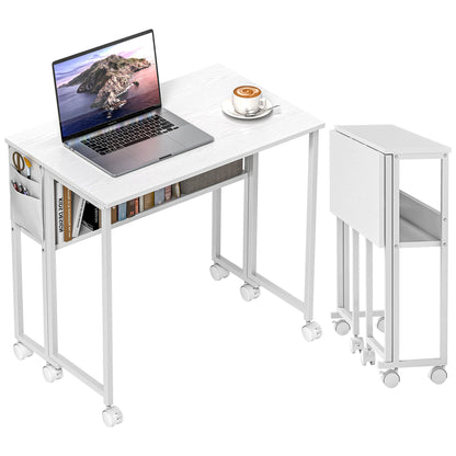 Space-Saving Folding Drop-Leaf Desk with Shelf, Storage Pocket and Wheels, White