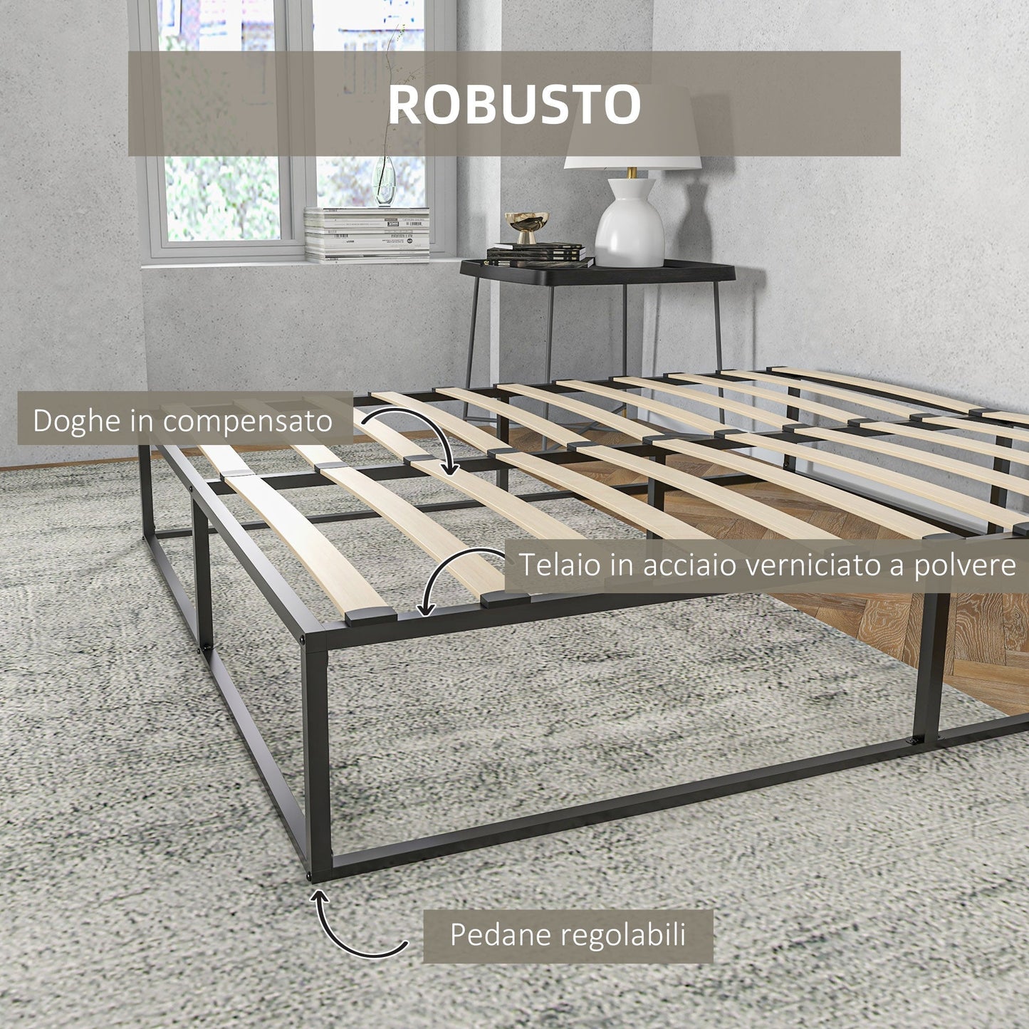 Bed Frame with Plywood Slats and Lower Container, 190x160x35cm, Black and Wood Color