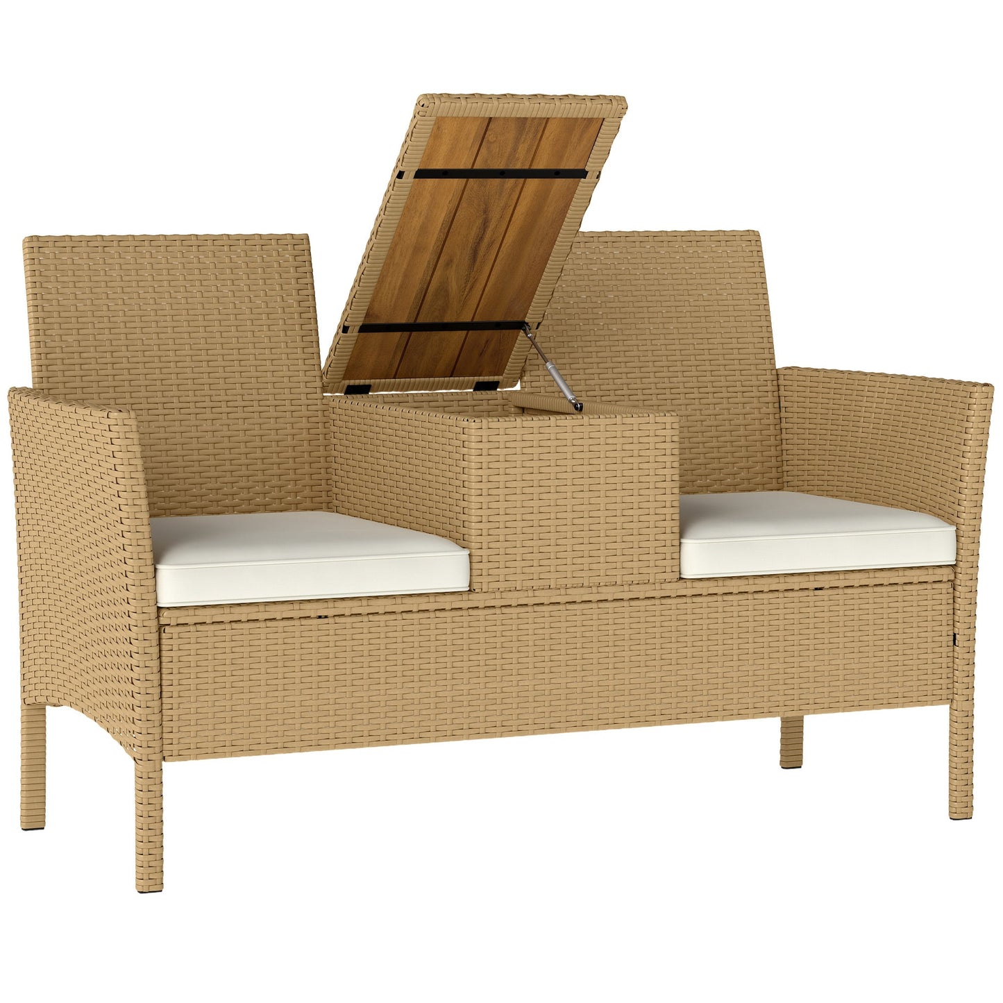Garden Bench with Drop-Leaf Table Storage, in Rattan and Steel, 134x58x82 cm, Cream and Khaki