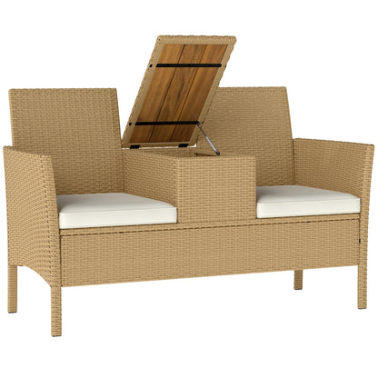 Garden Bench with Drop-Leaf Table Storage, in Rattan and Steel, 134x58x82 cm, Cream and Khaki