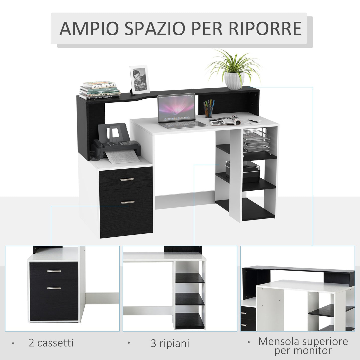Office Desk with Printer Shelf, 2 Drawers and 3 Shelves, in Black and White MDF, 137 x 55 x 92cm