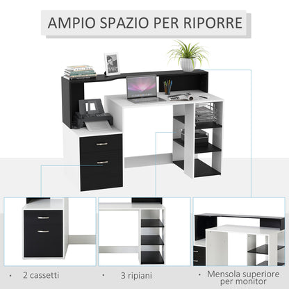 Office Desk with Printer Shelf, 2 Drawers and 3 Shelves, in Black and White MDF, 137 x 55 x 92cm