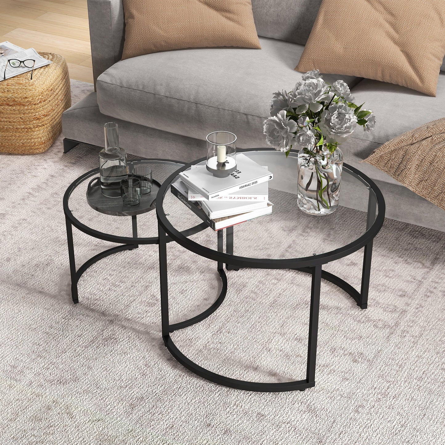 Set of 2 Nesting Glass and Steel Coffee Tables, Ø70 x 47.5 cm and Ø54 x 42.5 cm, Black