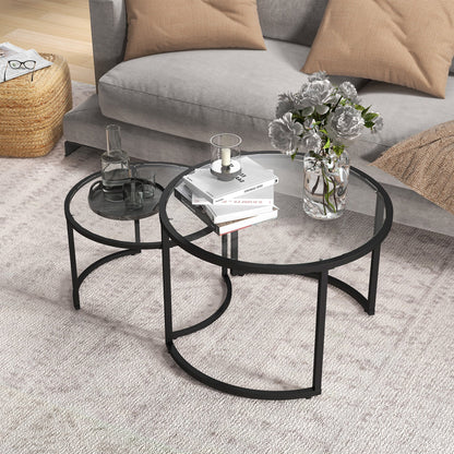 Set of 2 Nesting Glass and Steel Coffee Tables, Ø70 x 47.5 cm and Ø54 x 42.5 cm, Black