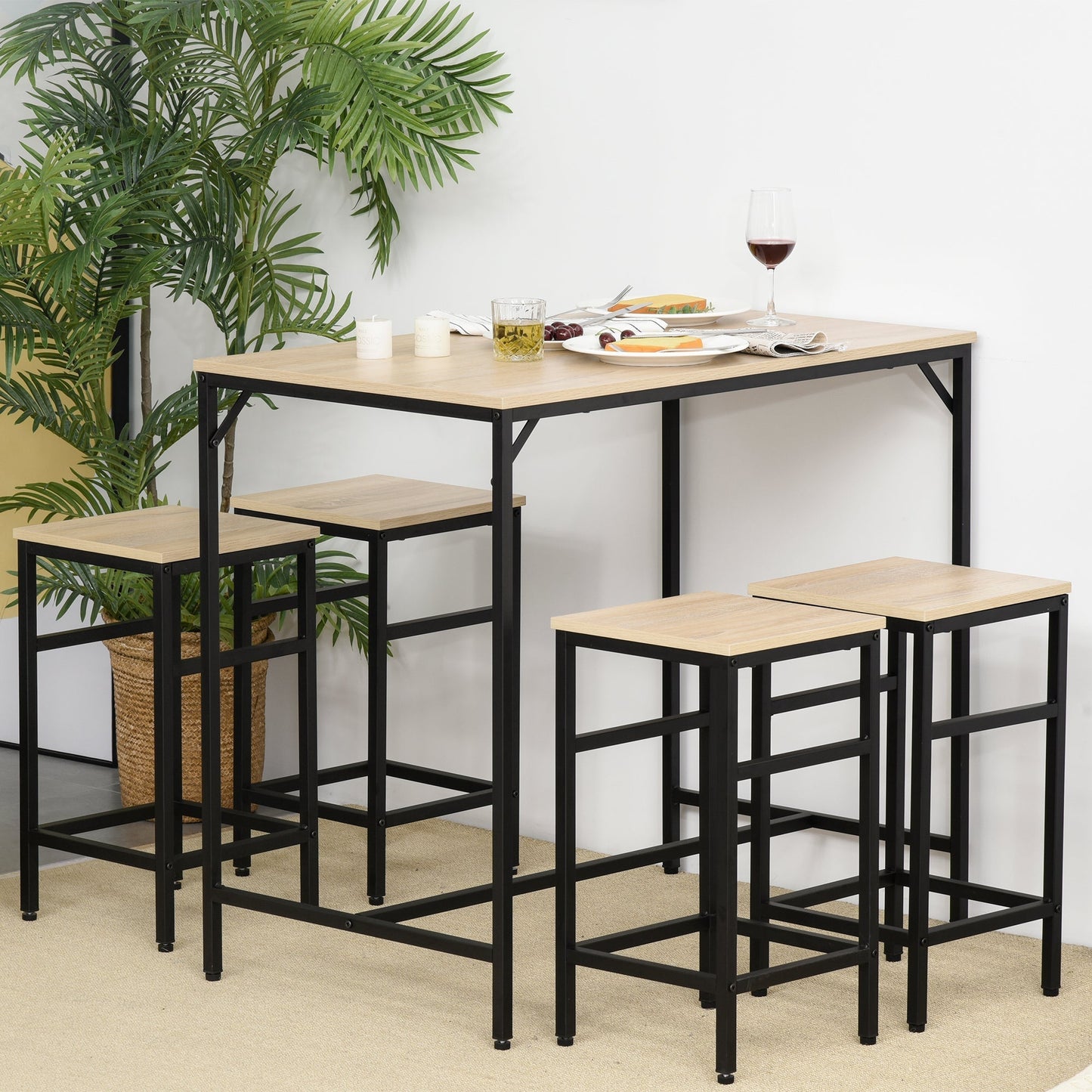 Industrial Style High Table Set with 4 Stools in Metal and Wood, Light Oak