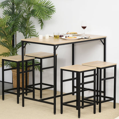 Industrial Style High Table Set with 4 Stools in Metal and Wood, Light Oak