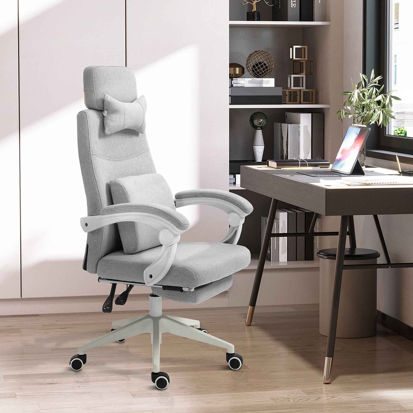 Ergonomic Office Chair, Desk Chair with Wheels, Lumbar Cushion, Removable Headrest and Footrest, Grey 62x68x117-127cm