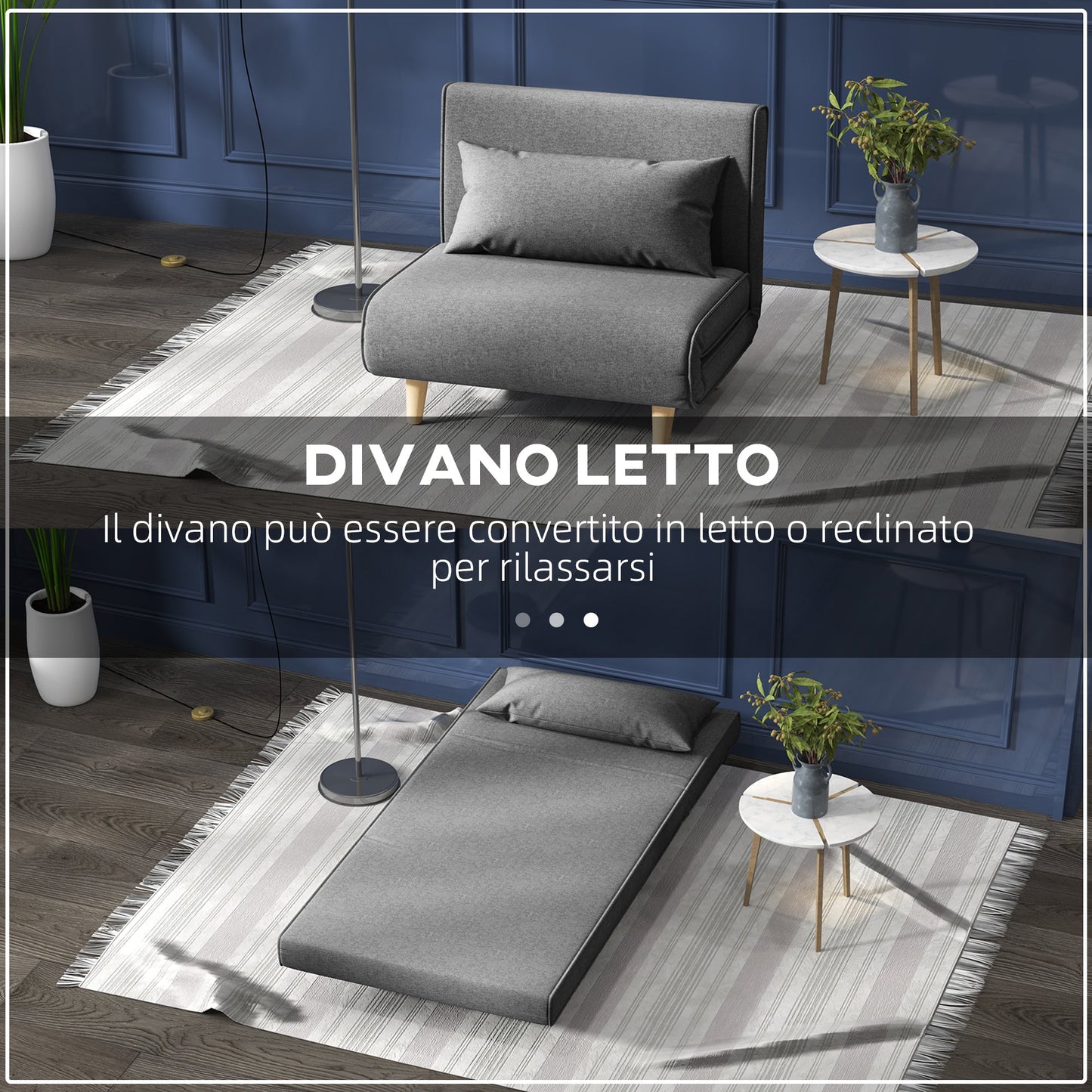 3 in 1 armchair bed with reclining backrest in 6 positions in fabric, 94x78x80 cm, Gray