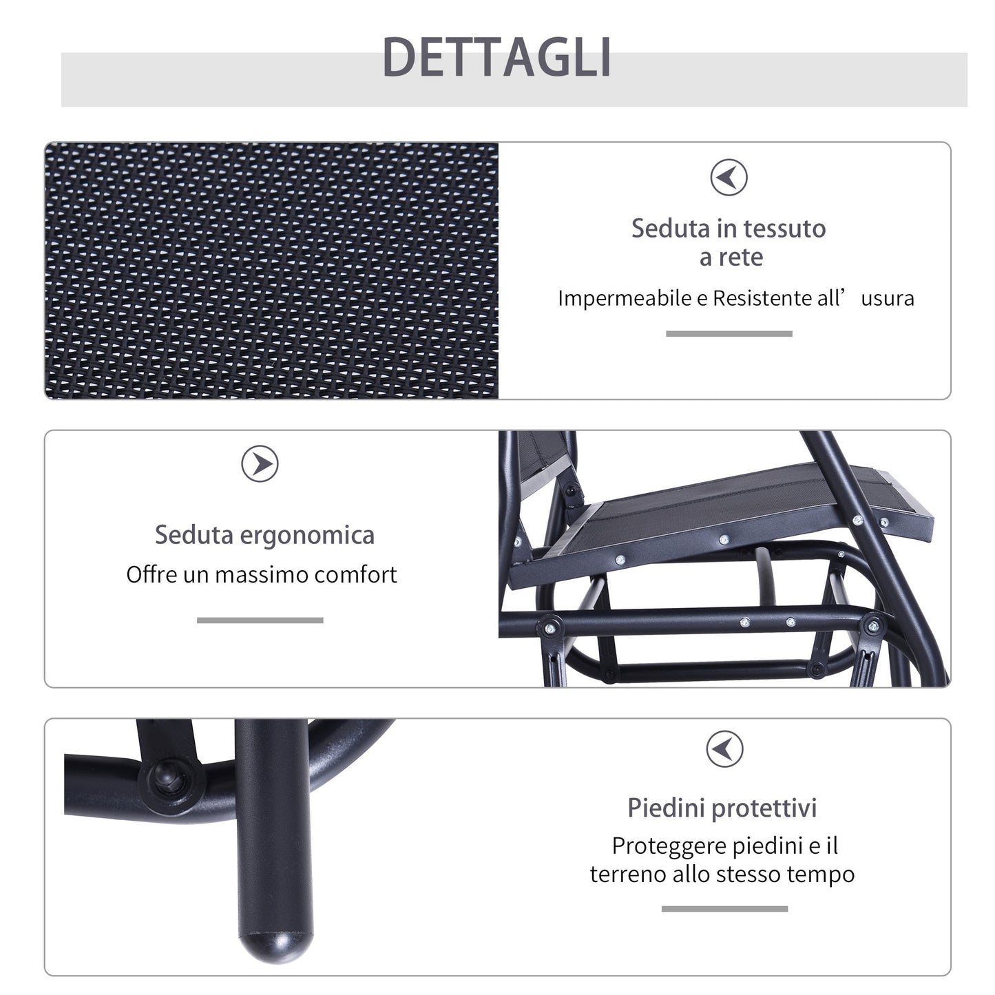 2-Seater Garden Swing Bench in Metal and Breathable Mesh Fabric, 120x70x85cm, Black