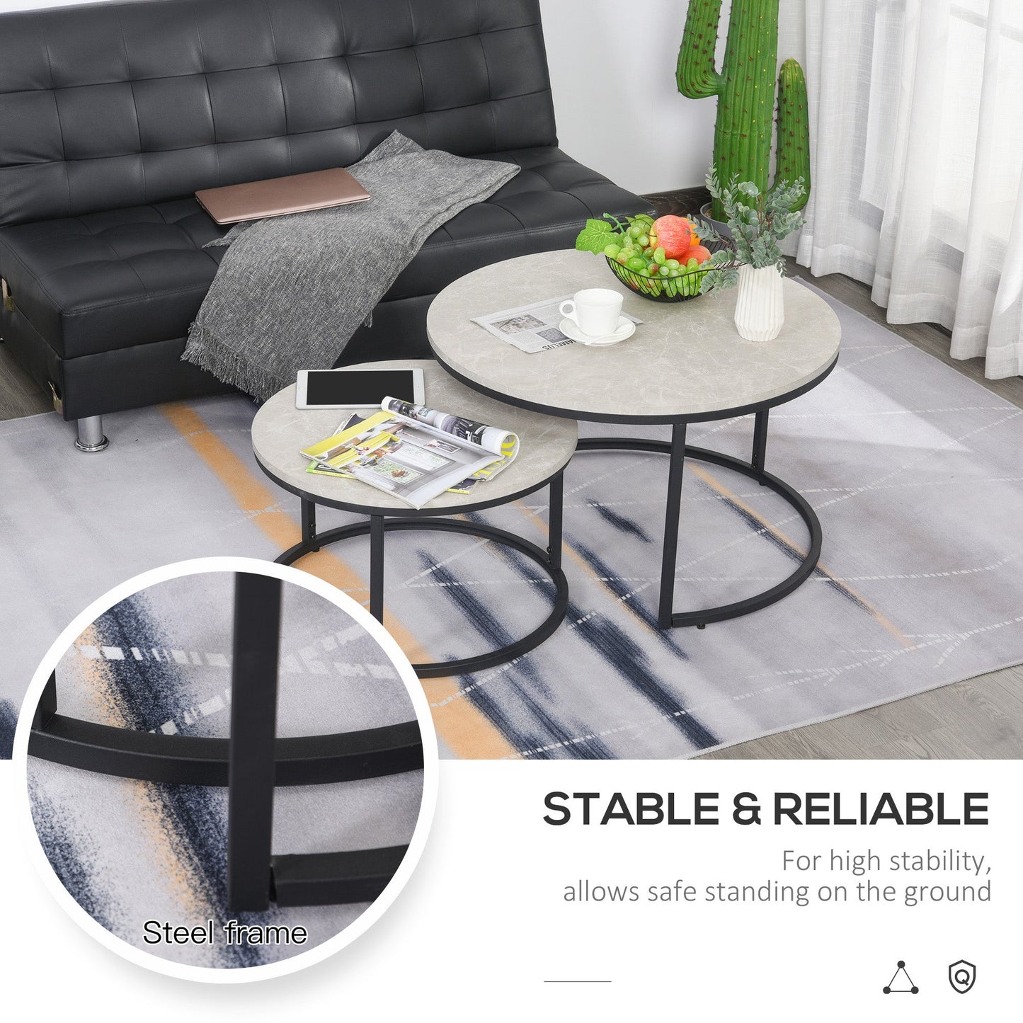 Set of 2 Round Nesting Coffee Tables in Metal and MDF with Marble Effect, Grey and Black