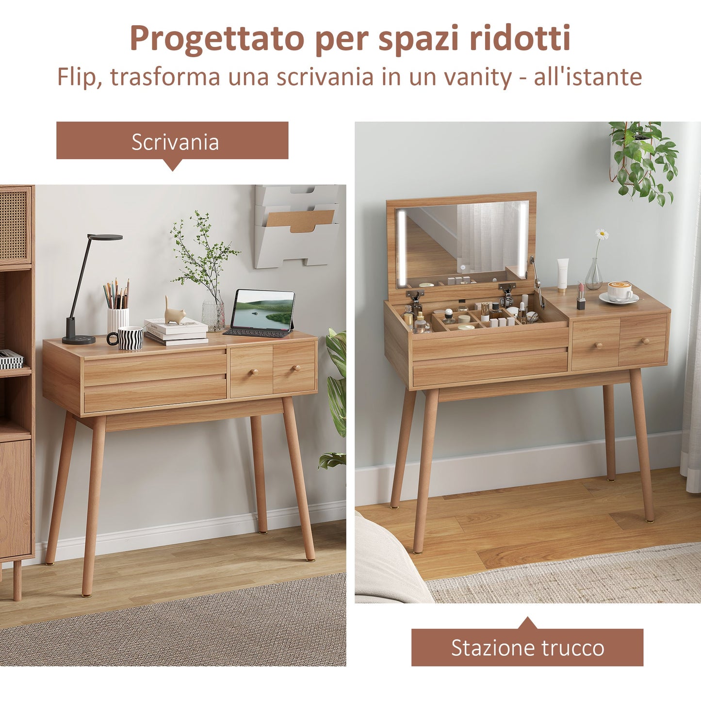 Wooden Dressing Table with LED Mirror and Storage, 100x40x87 cm