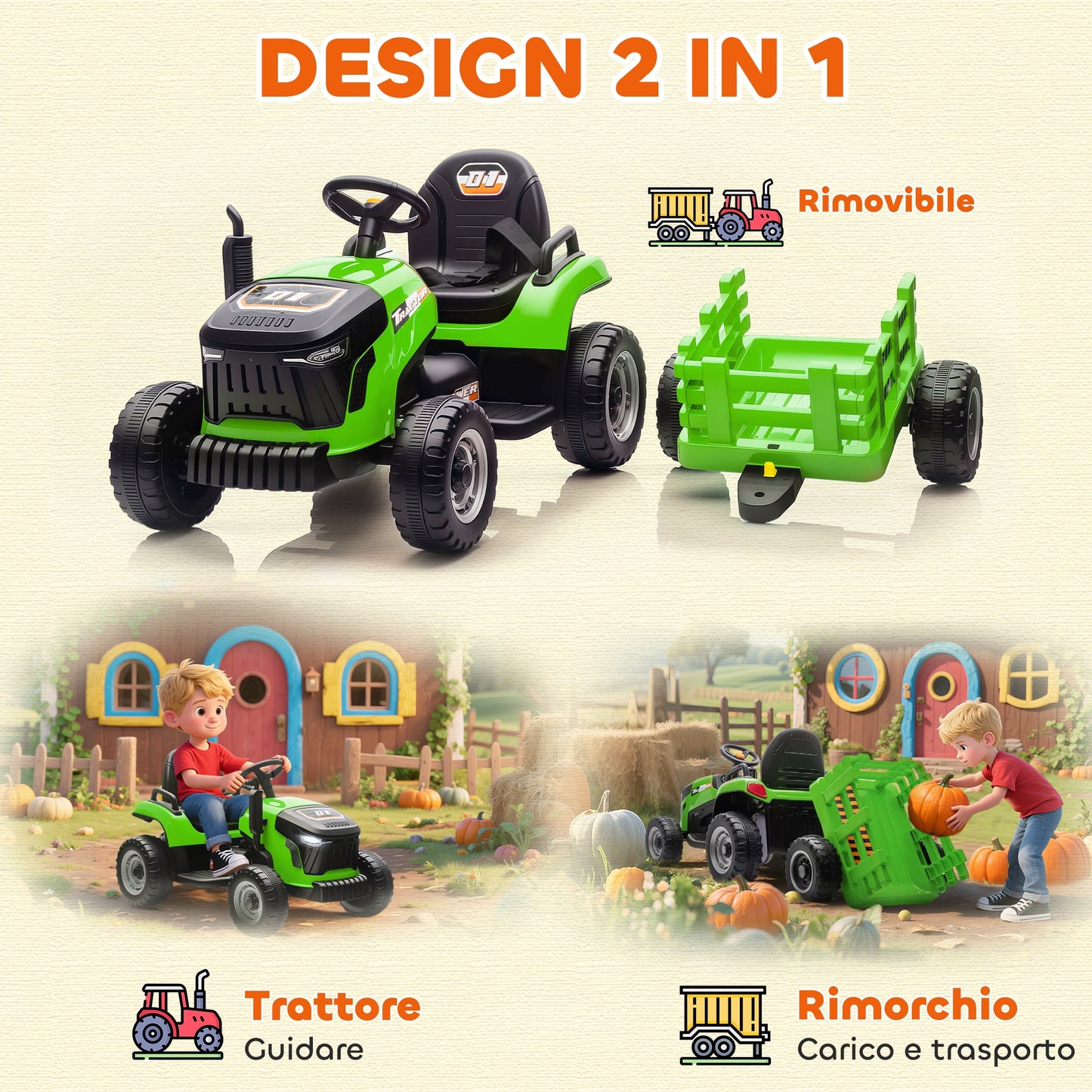 Electric Tractor for Children with Detachable Trailer and Remote Control, Made of Plastic and Metal, 139x58x55 cm, Green