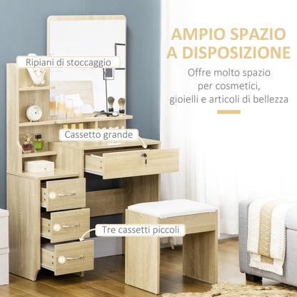 Dressing Table with Mirror, Dressing Table, Stool, 4 Drawers and 4 Shelves, Wood Color