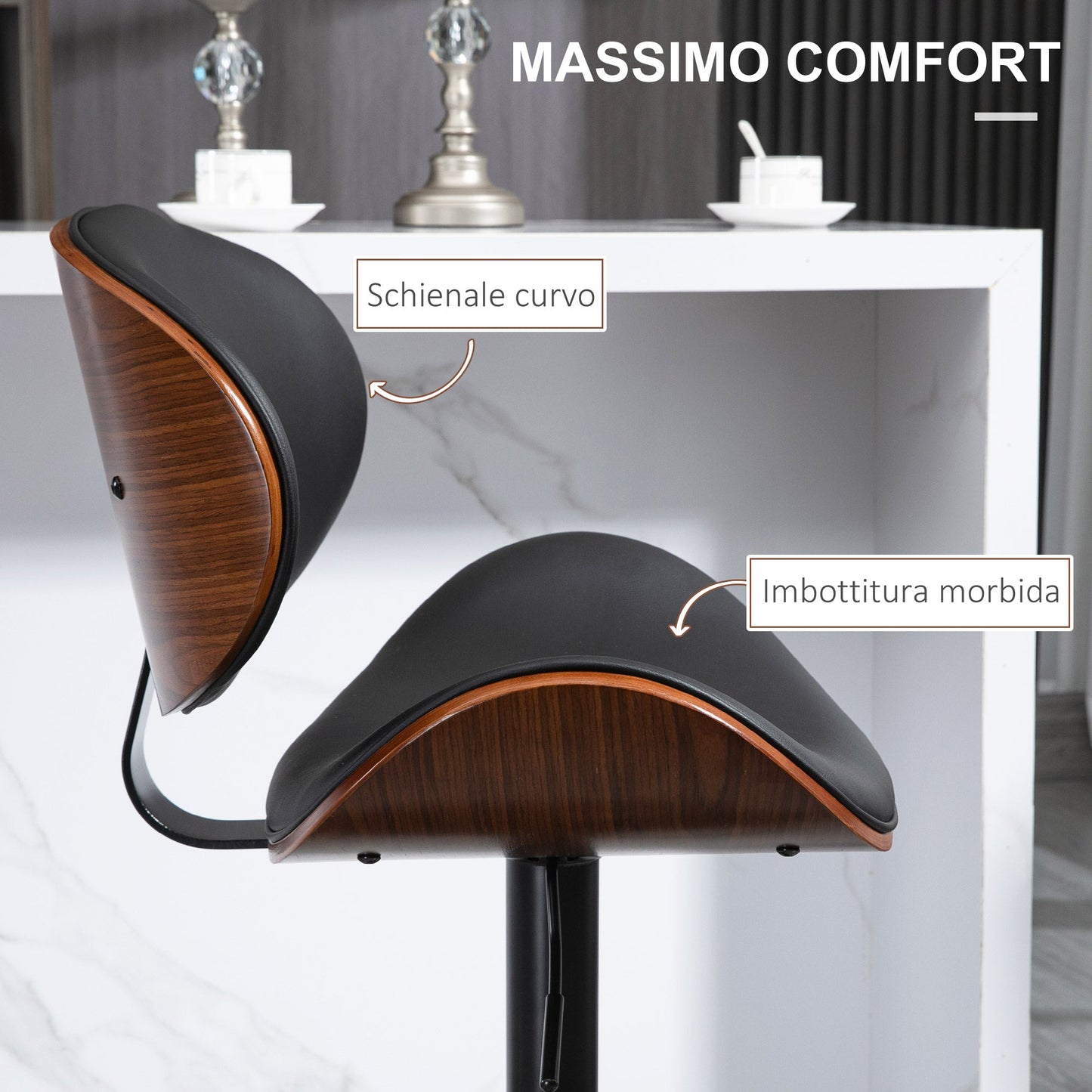 Set of 2 Bar Stools with Height-Adjustable Backrest, Wood and Faux Leather, 53x52x92-112 cm, Black
