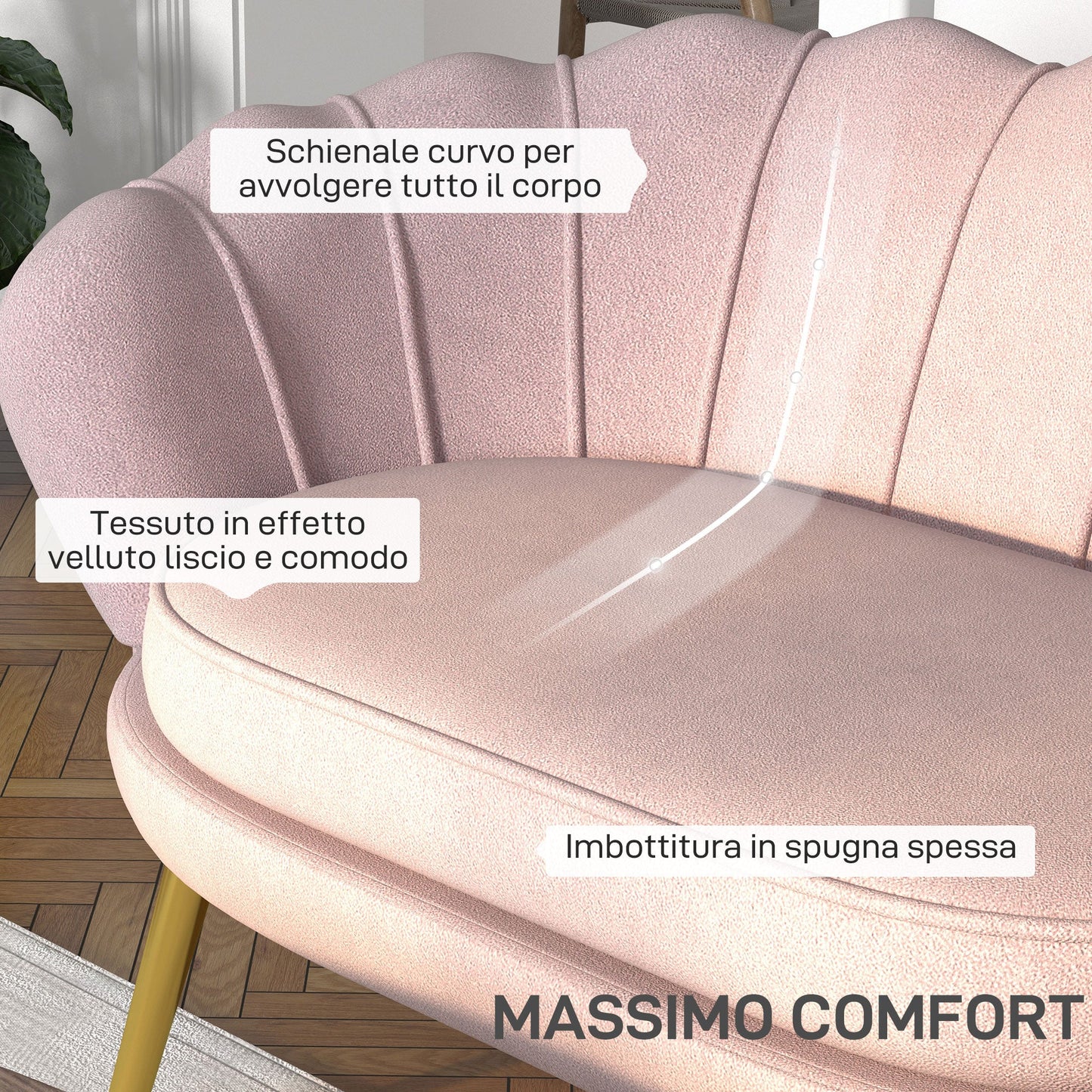 2 Seater Sofa in Industrial Chic Style in Velvet Effect Fabric and Metal, 130x77x77 cm, Pink
