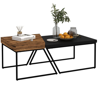 Set of 2 Chipboard and Steel Coffee Tables, Black Table 80x60x42 cm and Brown Table 60x60x46 cm