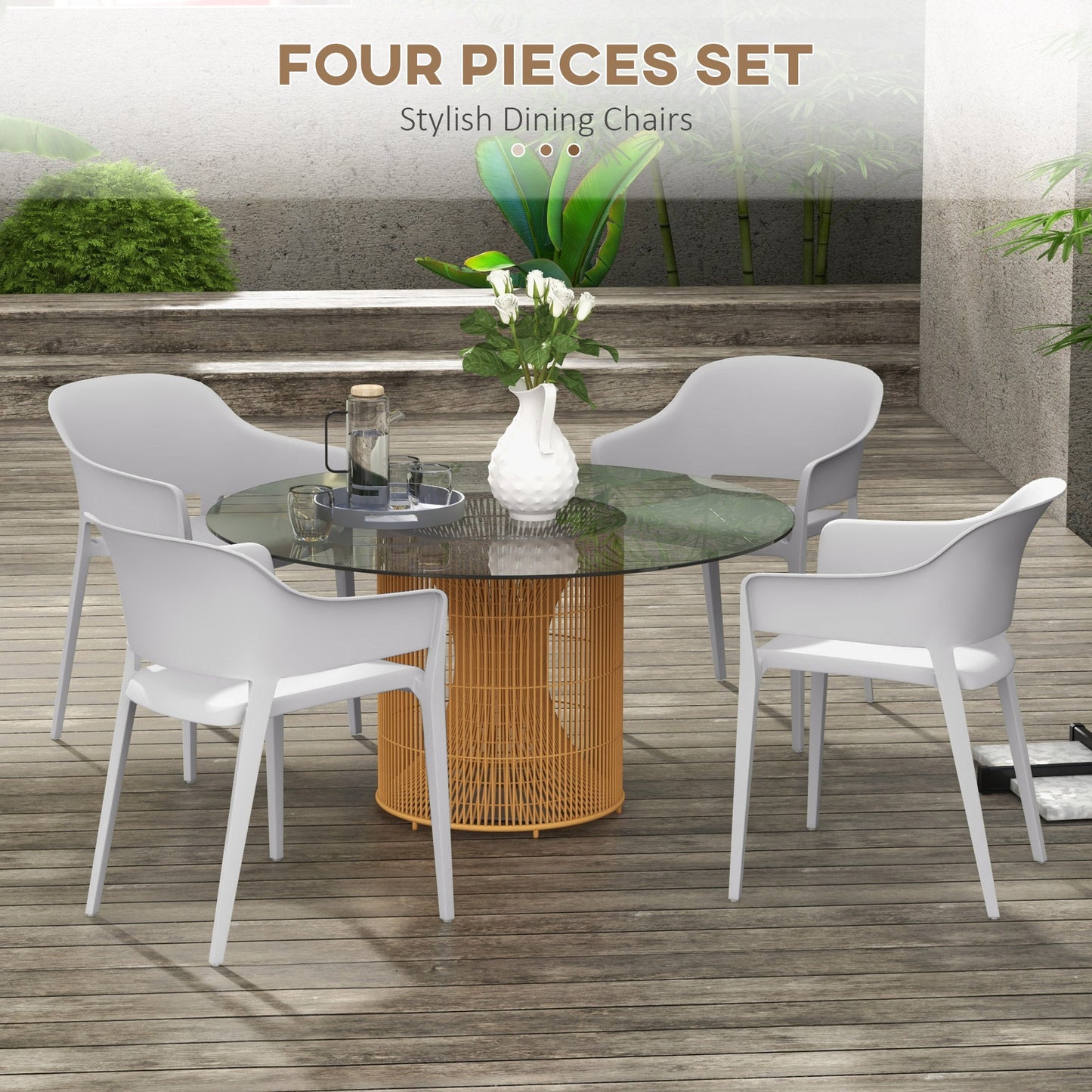 Set of 4 Stackable Plastic Garden Chairs with Armrests and High Backrest in PP, Grey