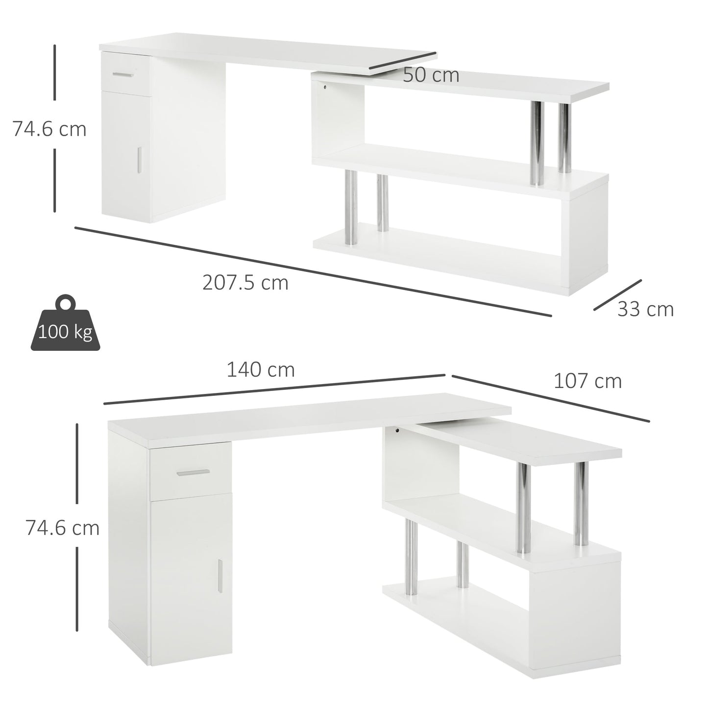 Modern Wooden Corner Desk with Drawer, Cabinet and Shelves, Office and Home Furniture, White