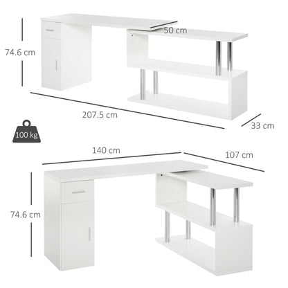 Modern Wooden Corner Desk with Drawer, Cabinet and Shelves, Office and Home Furniture, White