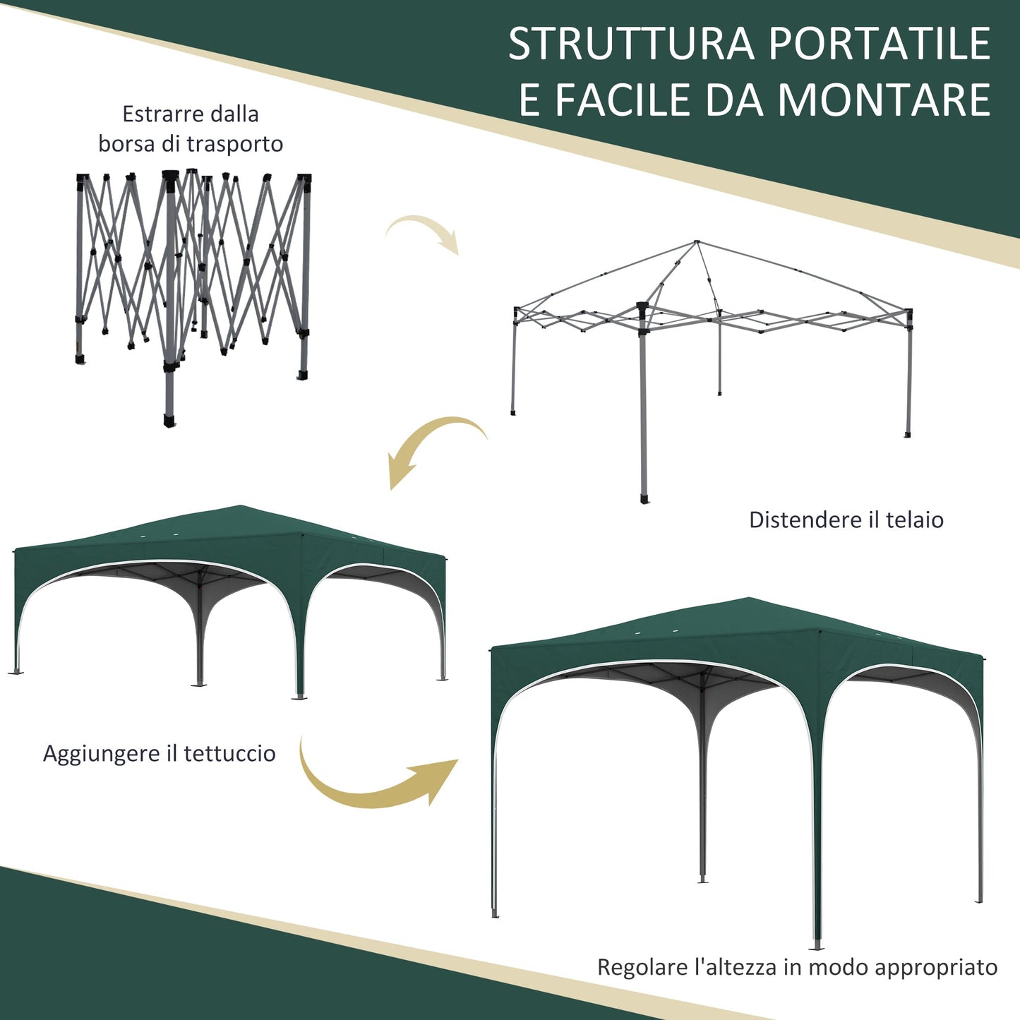 Gazebo, Adjustable Height Garden Gazebo with Drainage Holes and Carry Bag, Metal, Green