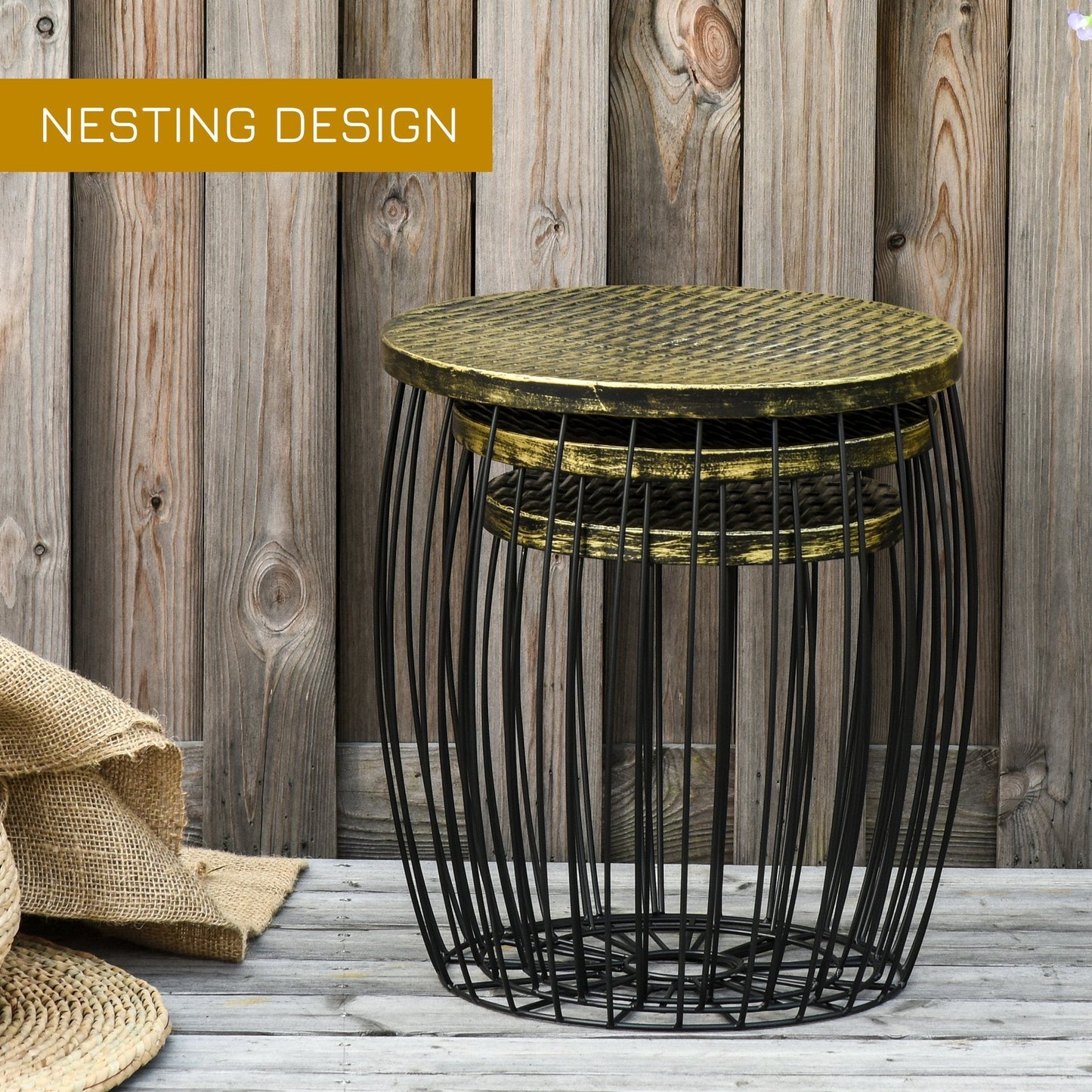 DONA | Outdoor Garden Set, 3 Stackable Balcony Tables, Industrial Style Garden Furniture in Black Metal