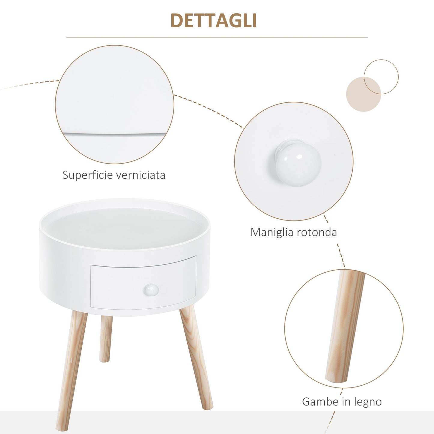 Modern Living Room Table with wooden, white, ф38x45cm drawer