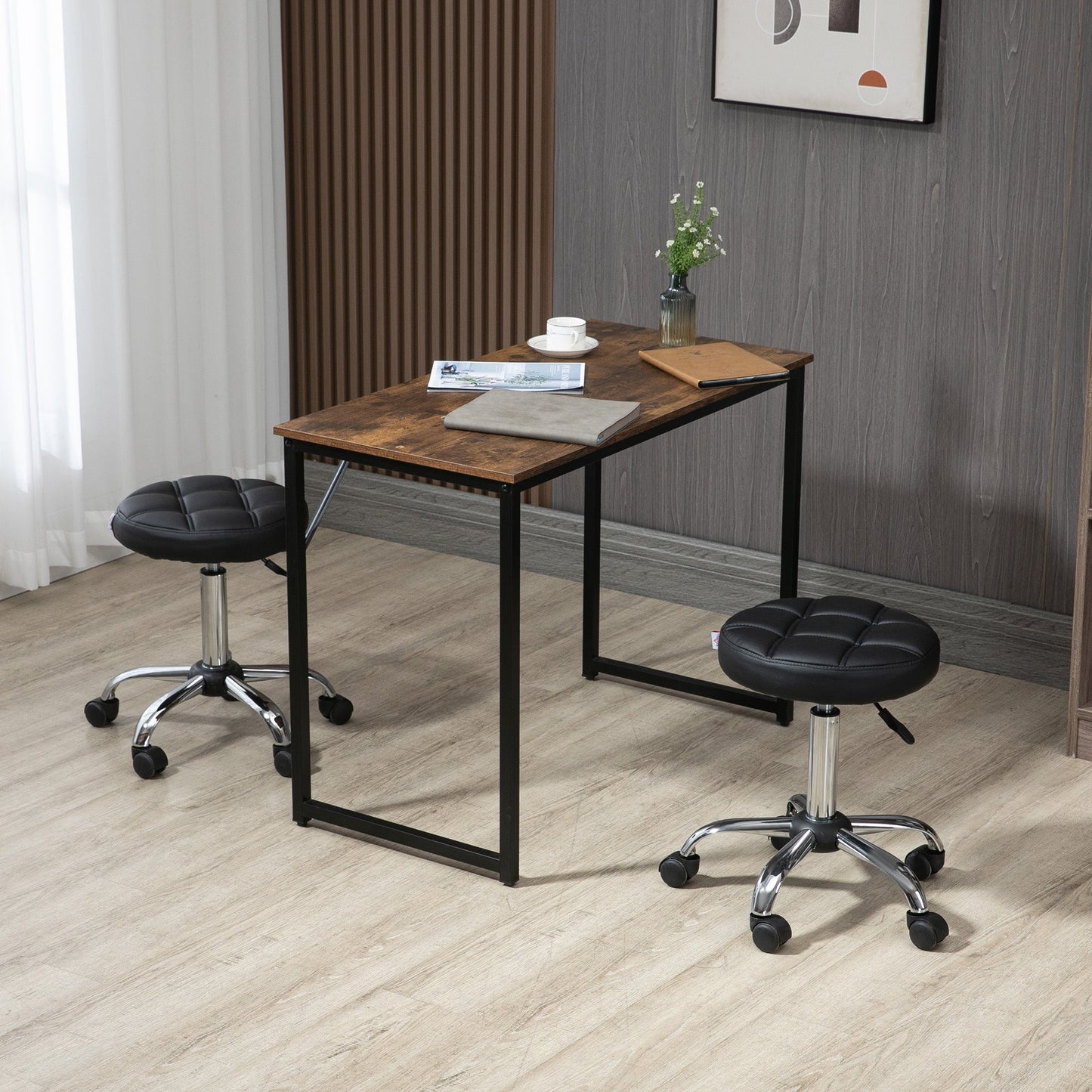 Black Beauty / Tattoo Round Swivel Stool with Wheels, Adjustable Height and Eco Leather Cover, Black