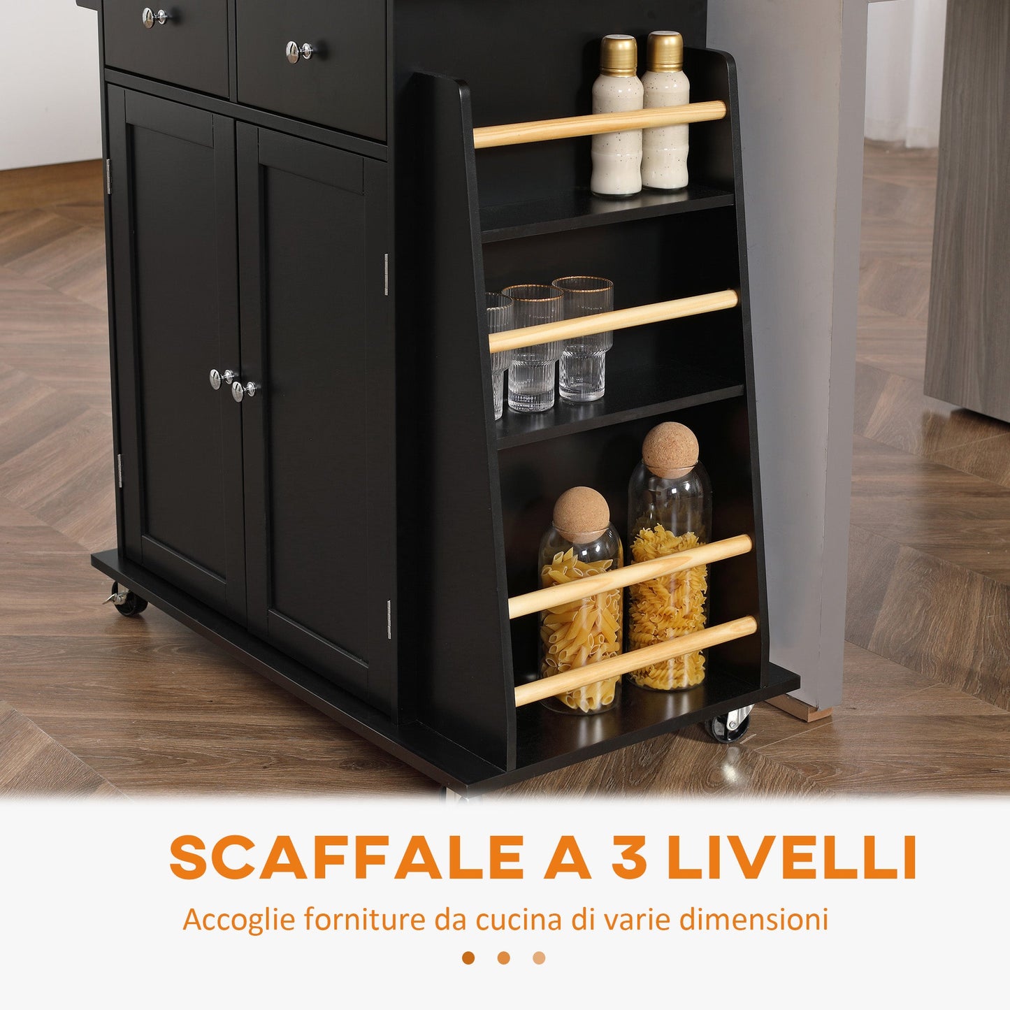Kitchen Trolley with Cabinet, 2 Drawers and Spice Rack, Wooden Kitchen Island, 89x45x89.5cm, Black