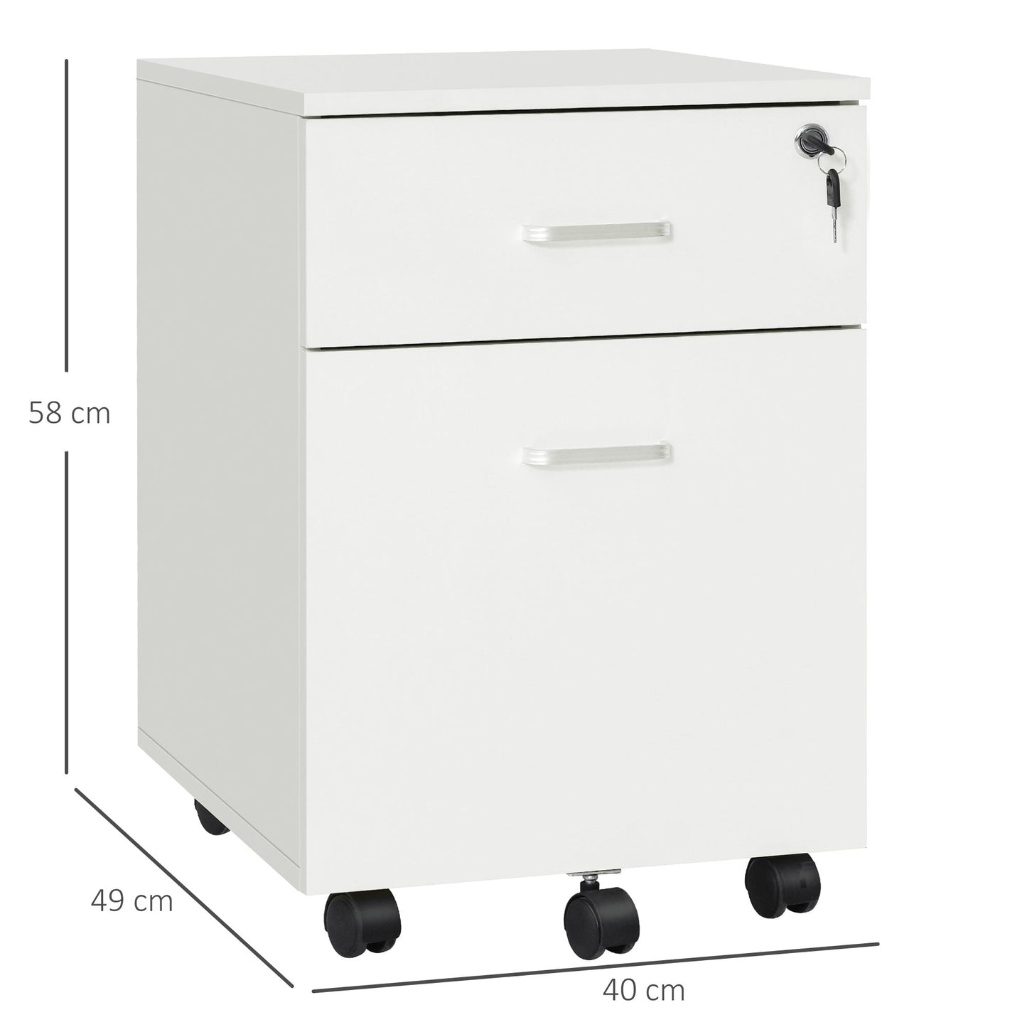 2 Drawer Office Chest with Lock and 5 Wheels, Chipboard, 40x49x58 cm, White