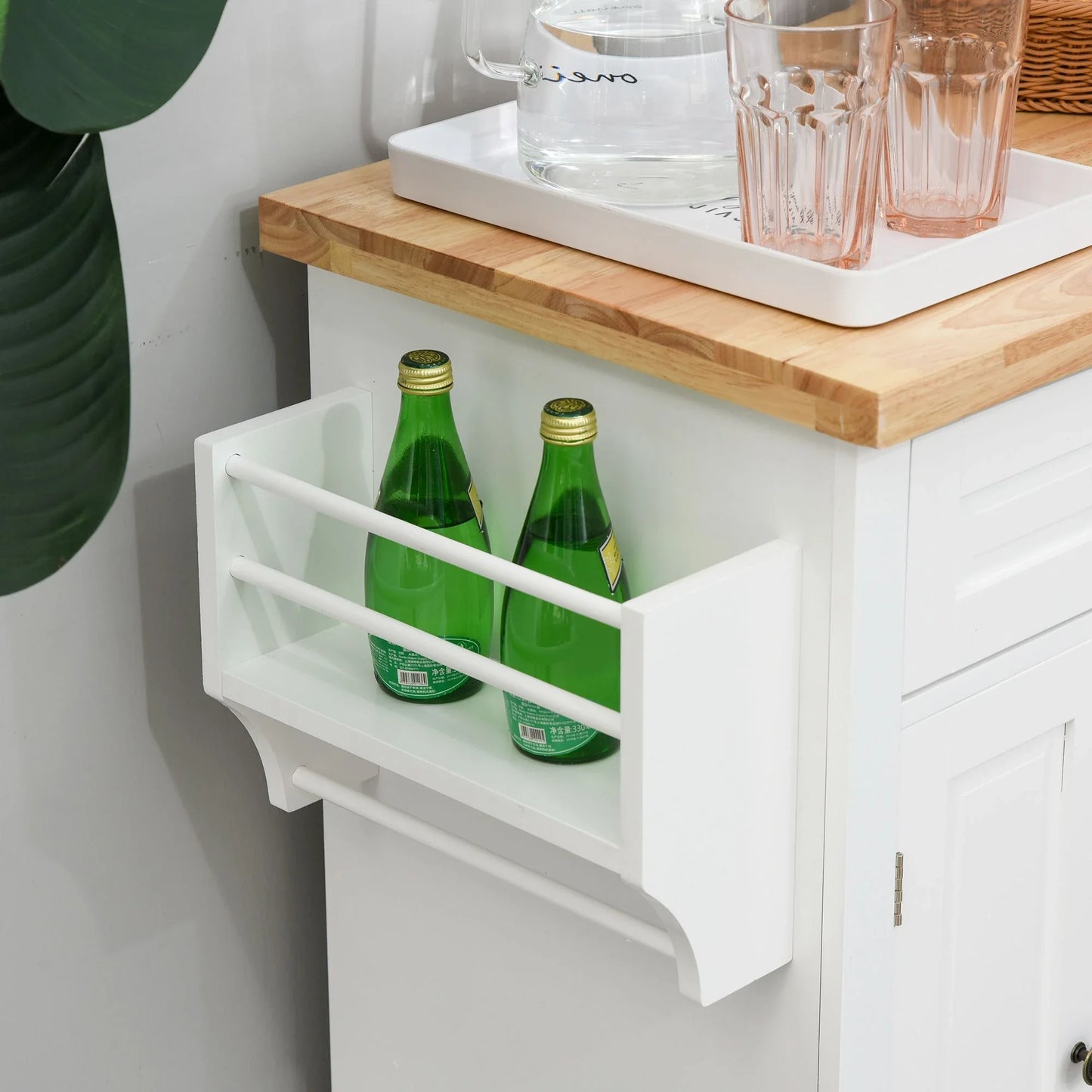 Kitchen Trolley with 2 Drawers and 2 Cabinets, Kitchen Island with Wooden Top, Spice Rack and Tea Towel Holder, White