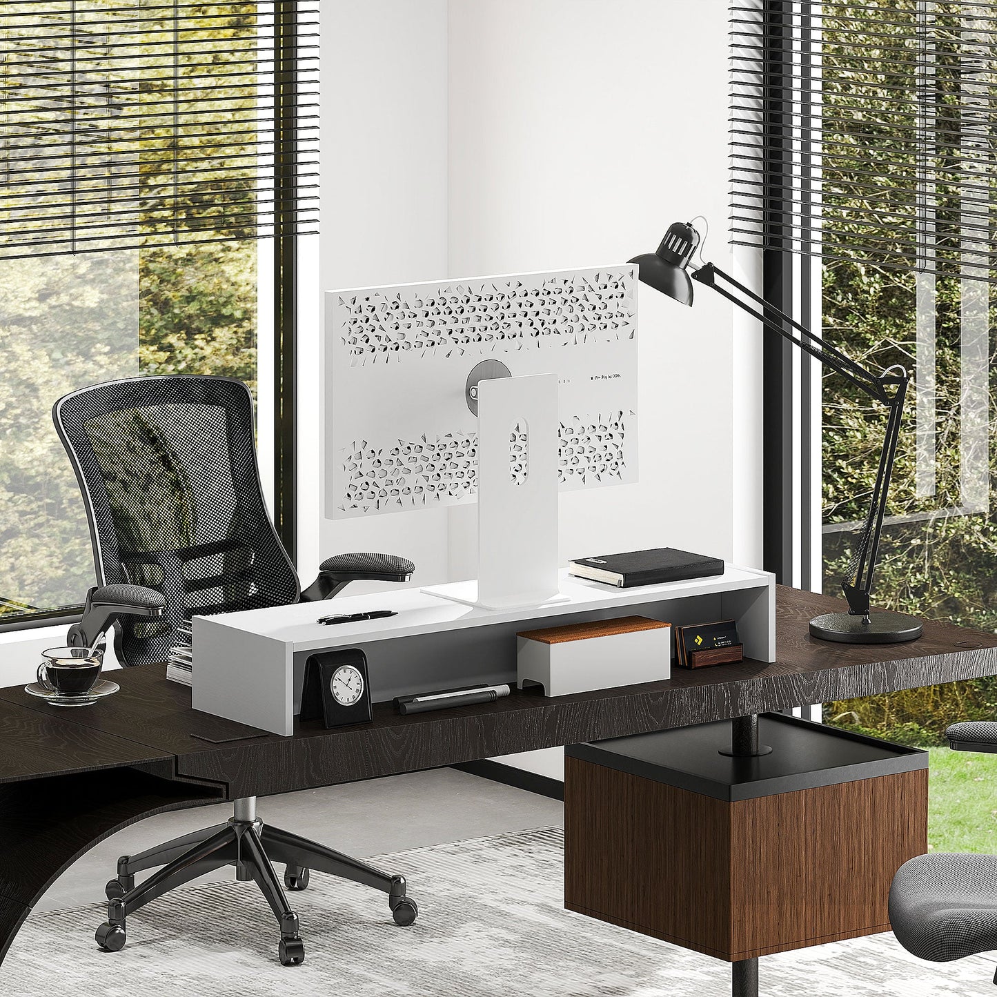 Monitor Stand with 2 Wooden Storage Compartments, 100x27x15 cm, White