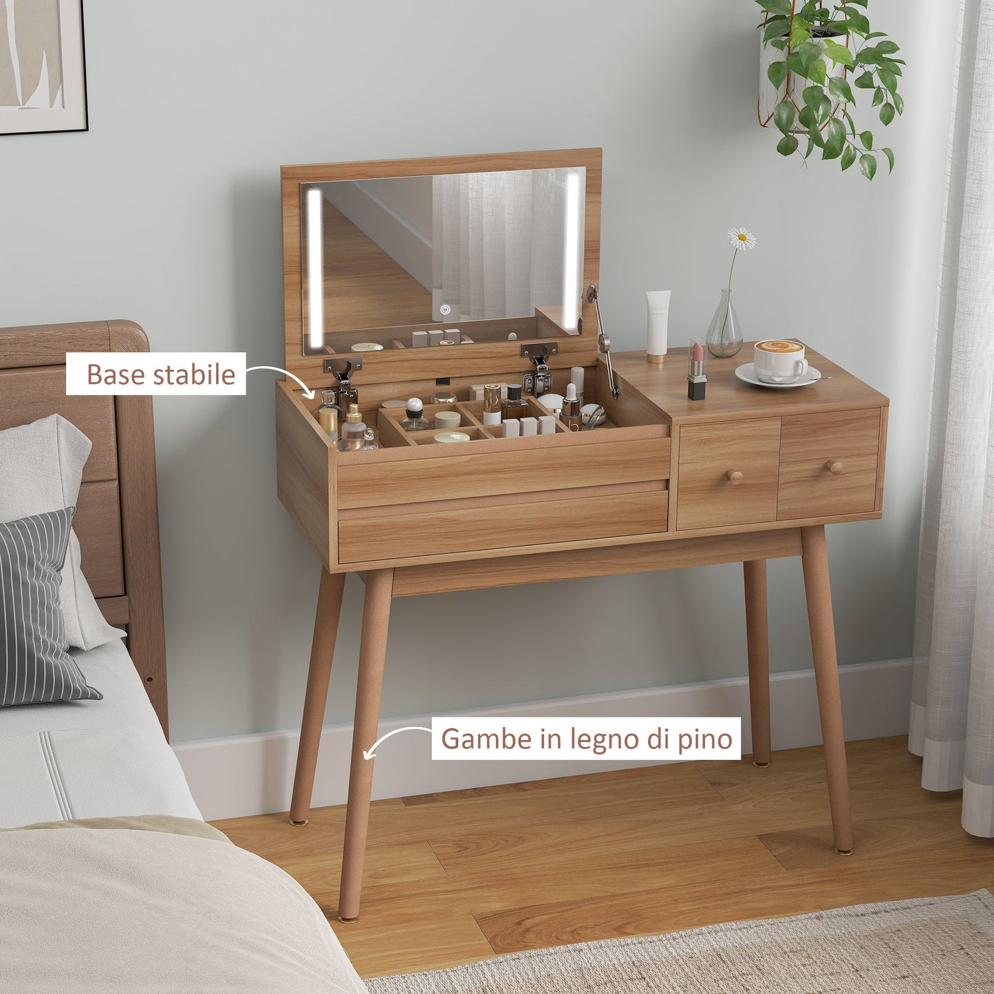 Wooden Dressing Table with LED Mirror and Storage, 100x40x87 cm