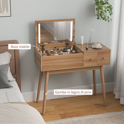 Wooden Dressing Table with LED Mirror and Storage, 100x40x87 cm