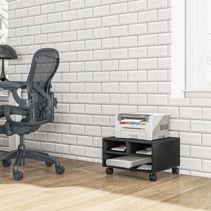 2-Tier Wooden Printer Stand with Wheels for Office and Study, 47x40x22.5cm, Black