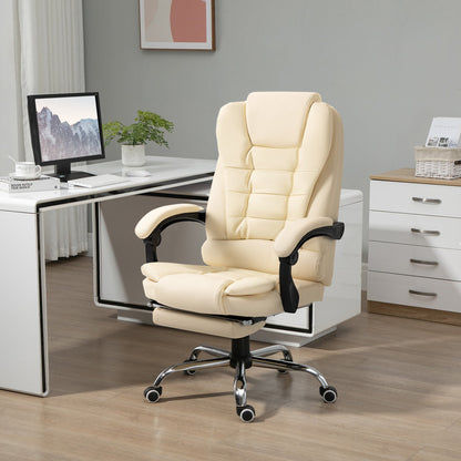 White Faux Leather Presidential Chair with 145° Reclining Backrest and Footrest, 64.5x69x109-117 cm
